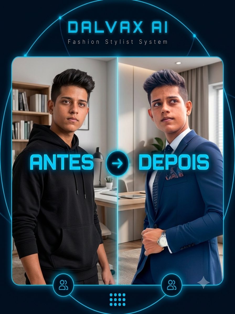 Homem em comparação antes e depois, de moletom para terno de reunião com DALVAX AI