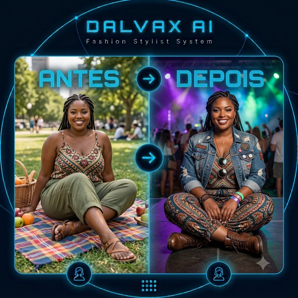 Mulher em comparação antes e depois, de piquenique para festival chic com DALVAX AI