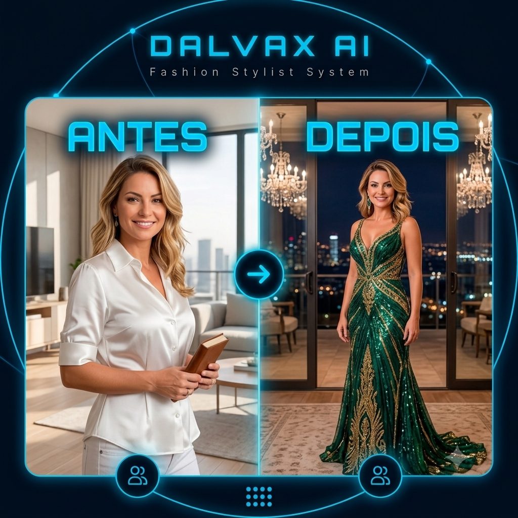 Mulher em comparação antes e depois, de home office para vestido de gala com DALVAX AI