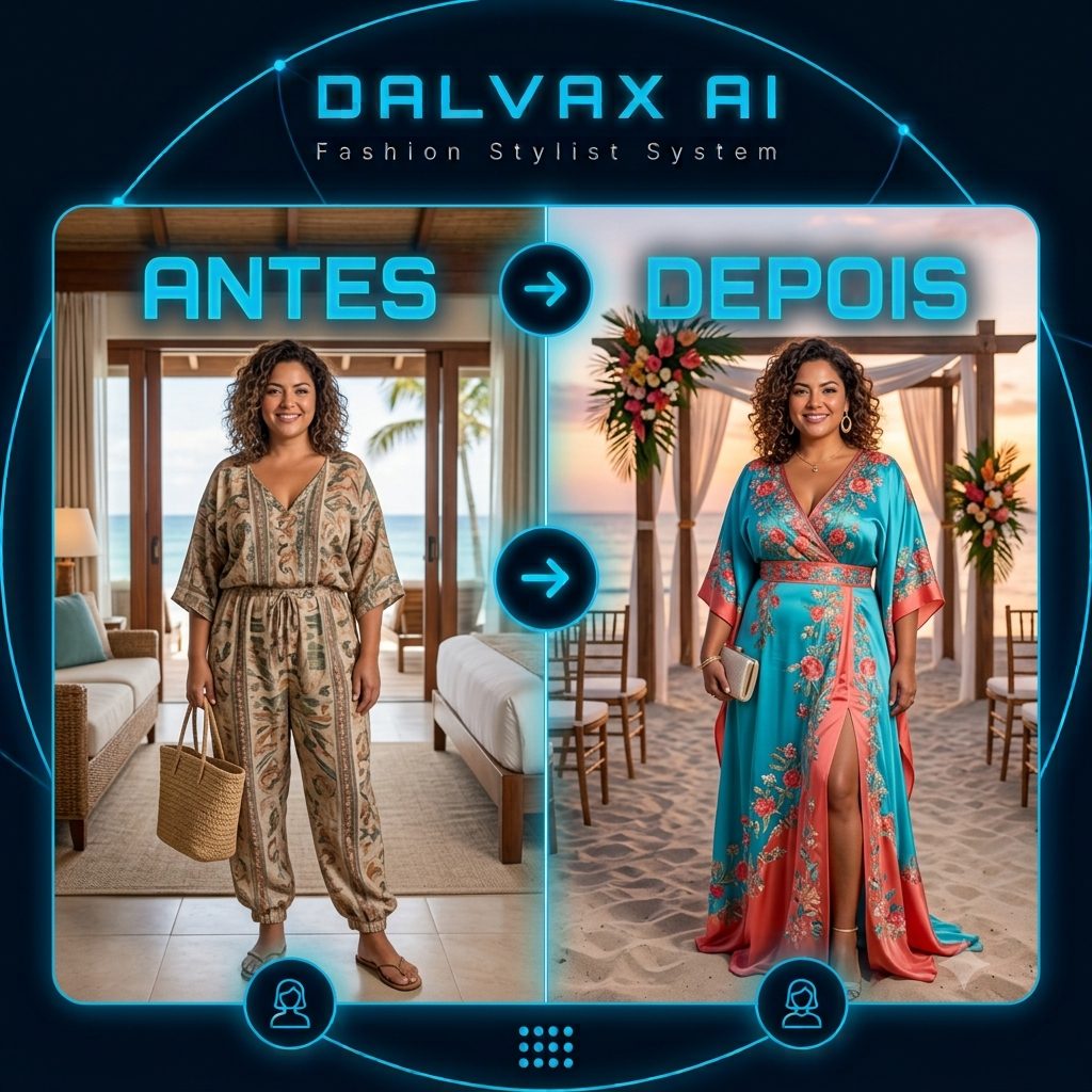 Mulher em comparação antes e depois, de look de viagem para casamento na praia com DALVAX AI