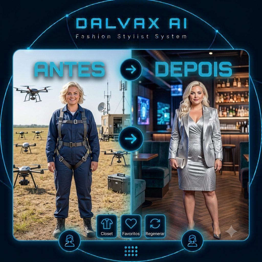 Mulher em comparação antes e depois, de técnica de drones para gala tech com DALVAX AI